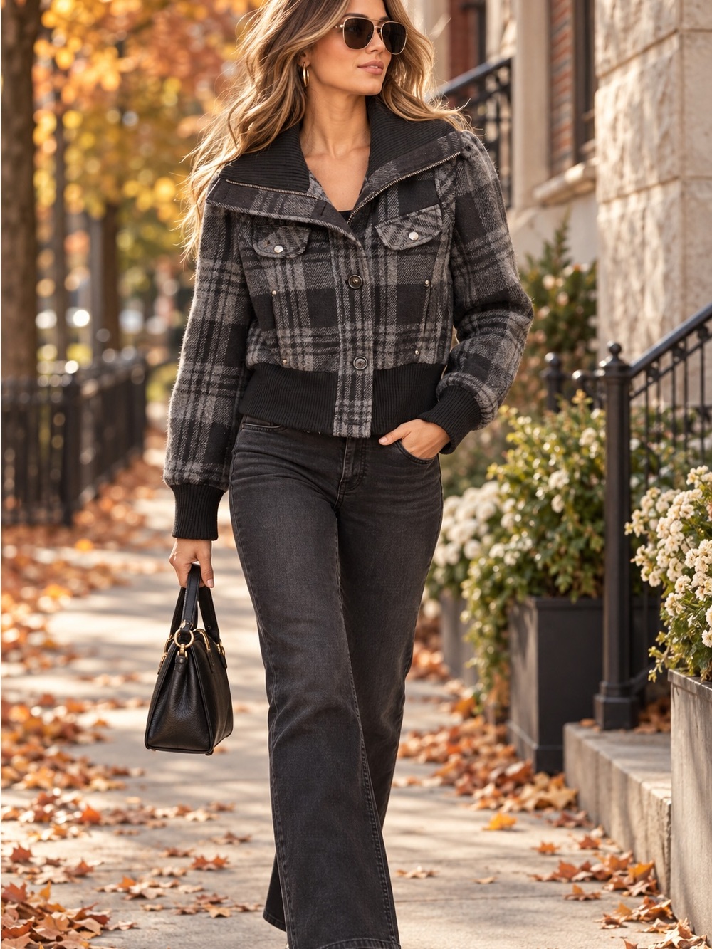 GUESS Size M Gray Black Plaid Wool Blend Cropped Jacket Y2K Moto